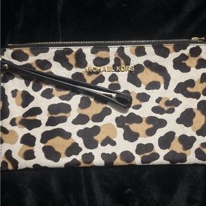 Michael Kors cowhide, leopard print wristlet pouch